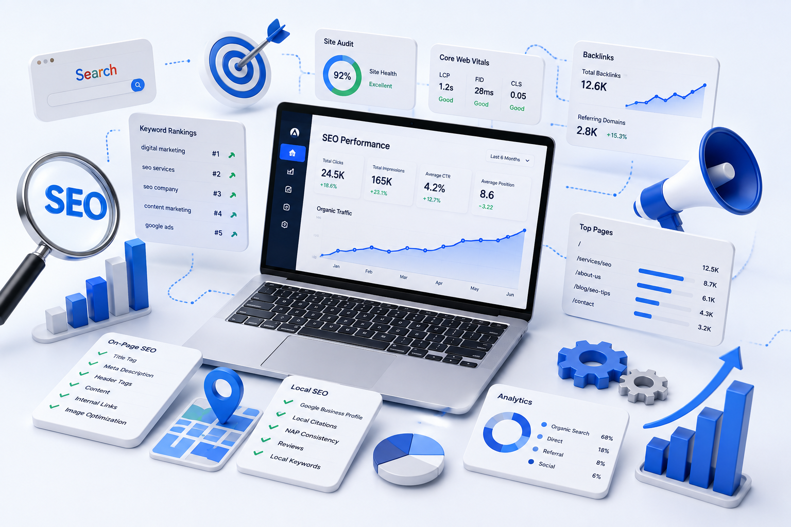 seo company in Surat showing SEO performance, keyword rankings, site audit, and organic traffic analytics